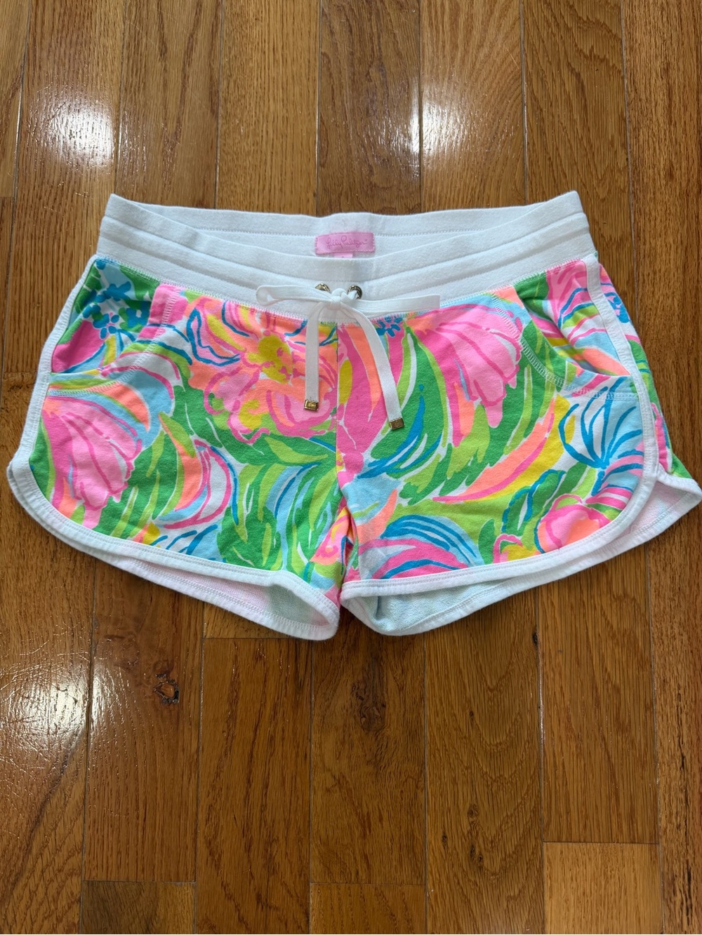 Lilly Pulitzer Neon Floral Drawstring Athletic Shorts in Pink, Green & Blue